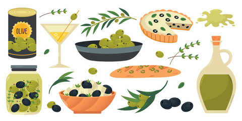 Olive Oil organic products set collection with glass jug, tin can, baguette, quiche, olive branches, martini, feta cheese
