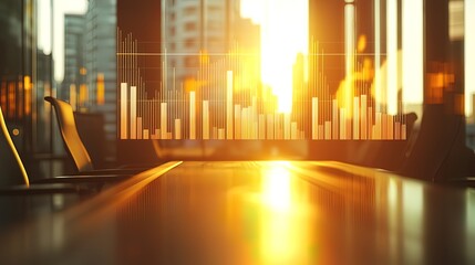 Empty conference table with city skyline and financial graph overlay at sunset.