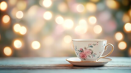Fototapeta premium Floral teacup on saucer, bokeh lights background.