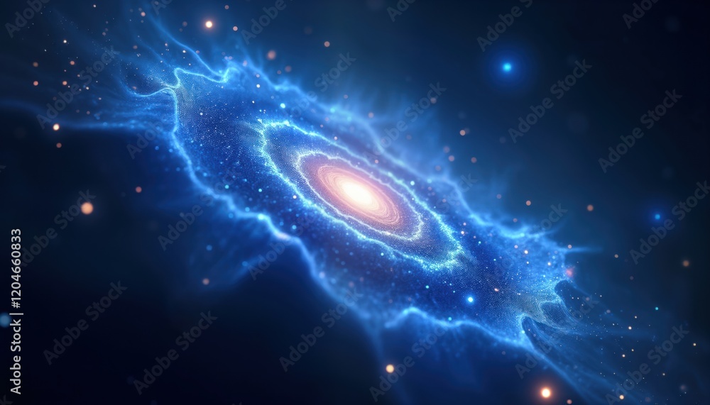 Poster A swirling cosmic blue galaxy in deep space. Sparkling stars and ethereal light fill the scene. Beautiful illustration of a nebula. Abstract design. Stunning visual representation of the universe.