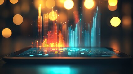 Futuristic city skyline digitally projected onto a tablet.