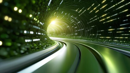 Futuristic green tunnel with glowing lights and curving pathways creating a dynamic and immersive abstract design