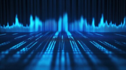 Futuristic blue digital soundwave pattern with glowing light and depth creating a dynamic abstract technology design