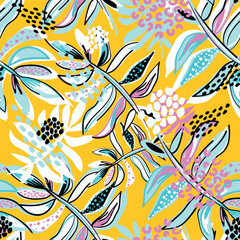 Modern tropical colorful background. Seamless pattern with tropical leaves and dots. Bright summer illustration. Tropical Design for fabric, paper and more