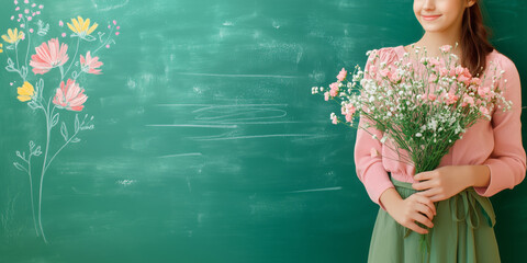 A young woman holding flowers standing in front of a green chalkboard background with floral drawing on it. There is ample copy space for text. Template banner.