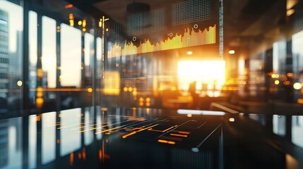 Futuristic office interior with holographic data displays showing financial charts and city skyline at sunset.