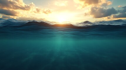Fototapeta premium Ocean Sunset Scene Showing Surface and Underwater Depths