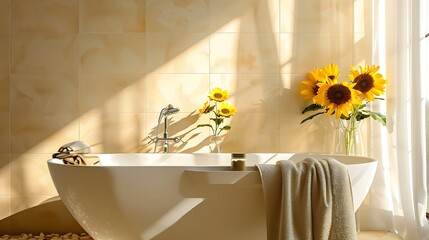 Interior of beautiful bathroom with modern bathtub, glass window and sunflowers in vase on table