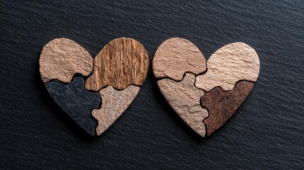 Two wooden puzzle hearts on dark background; relationship concept