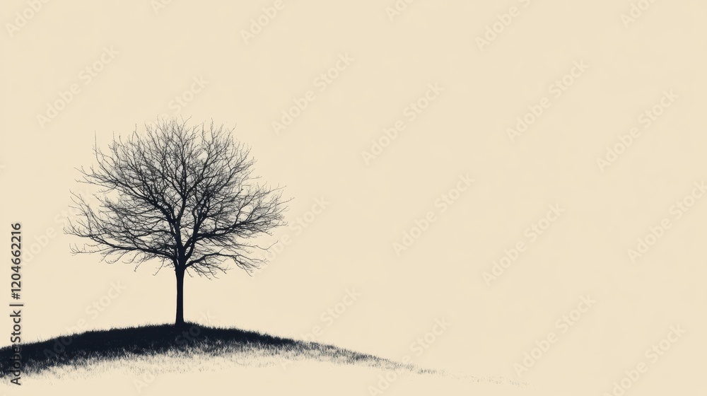 Poster lonely tree stands tall on a gentle hill against a serene empty sky at dusk. generative ai