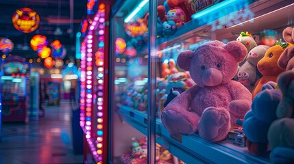 Pink Teddy Bear In A Prize Machine Arcade