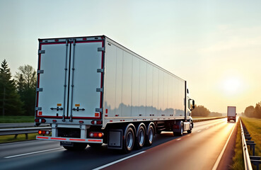 Large haulage vehicle travels on highway. Modern truck transports goods. Sunshine illuminates road. Landscape displays trees, field. Daytime scene. Ideal for transportation company, delivery