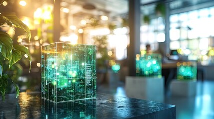 Glowing green data cube in modern office with plants.