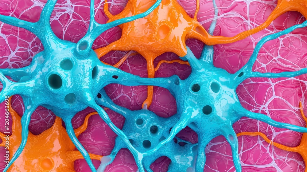 Aufkleber colorful neural cells on pink background with intricate structure
