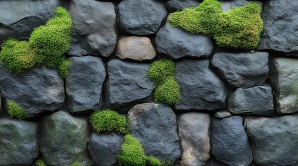 Dark Stone Wall With Patches Of Green Moss