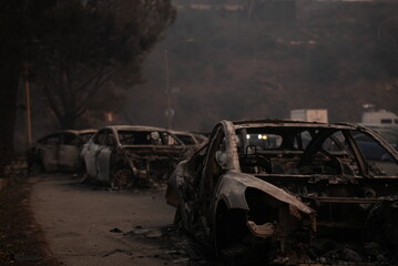 Cars burnt to the ground in the Pacific palisades