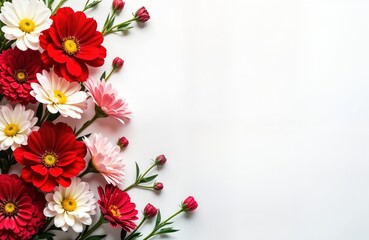 Red, white flowers arranged on white background. Decorative floral design. Beautiful colorful arrangement. Perfect for posters, invitations, cards. Great decor option for many occasions. Ideal for