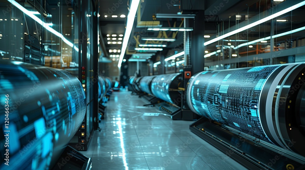 Wall mural futuristic data processing facility with illuminated cylinders