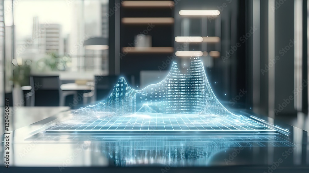 Poster holographic 3d data graph projected on a table in a modern office.