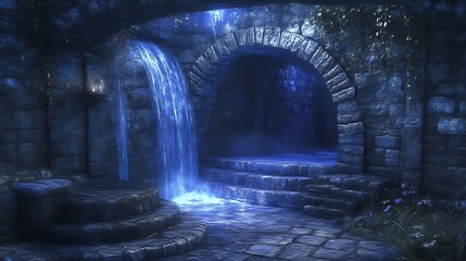 Mystical Waterfall Flows Into Ancient Stone Archway