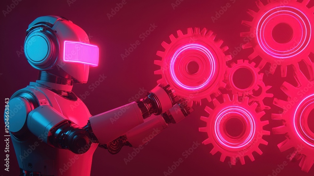 Poster futuristic robot with neon gears and virtual reality headset