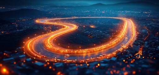 Aerial View of Busy Highway at Night with Vibrant Traffic Flow and Illuminated Streetlights