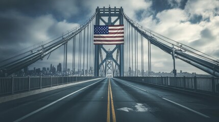Fototapeta premium American Flag on Bridge, City Skyline, Dramatic Sky