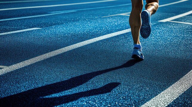 Runner's Determination:  A Powerful Image of a Sprinter's Legs as They Race Across a Blue Track, Capturing the Essence of Speed, Effort and Triumph.