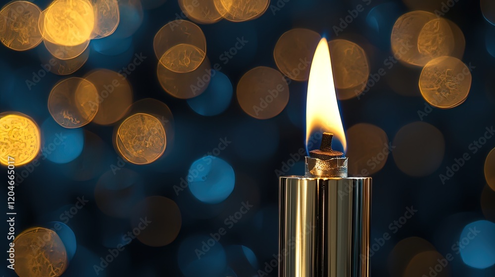 Poster lit candle with bokeh lights in background.
