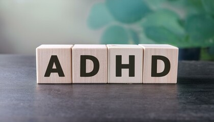 発達障害の一種、注意欠陥多動性障害を意味する英語Attention Deficit Hyperactivity Disorderを略したアルファベットADHDの文字が書かれた木製のキューブブロック aiで生成