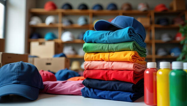 Colorful apparel, caps stacked neatly. Branded merchandise ready for promotional event. Swag kit preparation. Variety of colors for logo imprint. Promotional items for marketing event. Business