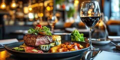 Fototapeta premium Gourmet steak dinner experience upscale restaurant food presentation cozy atmosphere close-up view culinary concept