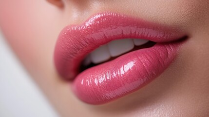 Obraz premium Close-up of Pink Lips with Glossy Lip