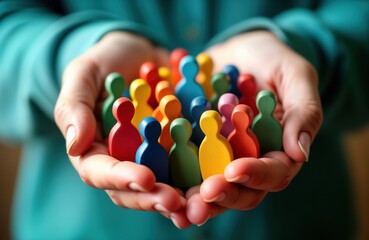 Hands hold many small colorful wooden figures representing people. Diversity, unity symbolized. Humanity embraced, global community united. Solidarity, support core themes. Wooden figures represent