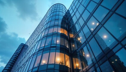 Modern office skyscraper glows at dusk. Illuminated windows reflect cityscapes. Contemporary architecture in urban setting. Structure stands tall against evening sky. Stylish design with glass