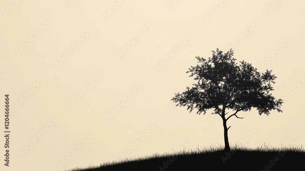 Poster Silhouetted tree against a soft backdrop at sunset over a grassy hill in a tranquil landscape. Generative AI
