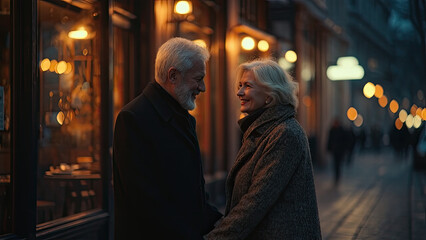Fototapeta premium Senior couple holding hands and smiling as they walk down a charming city street illuminated by soft warm lights at night. Perfect for romantic or lifestyle themes.