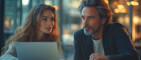 Close up of two Asian colleagues collaborating on a laptop discussing ideas at modern office desk with financial documents