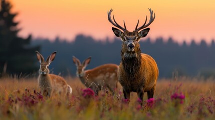 Obraz premium Majestic red deer stag with hares at sunset in a meadow