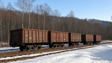 Obraz premium Railcars lined up on a snowy track in a serene landscape under a clear blue sky during winter