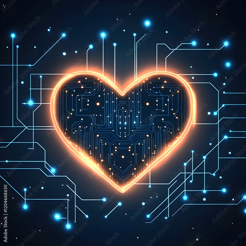 Poster a glowing led heart embedded in a circuit board