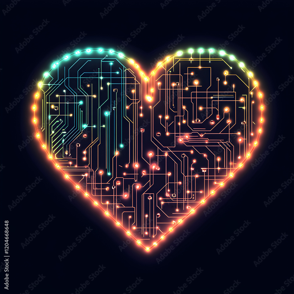 Poster a glowing led heart embedded in a circuit board