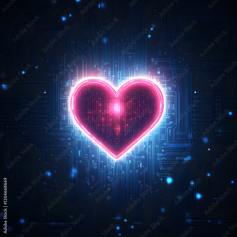 Poster a glowing led heart embedded in a circuit board