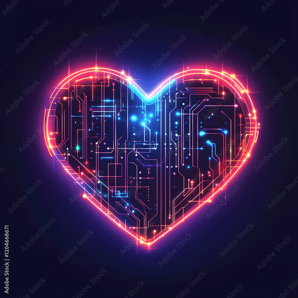 Poster a glowing led heart embedded in a circuit board