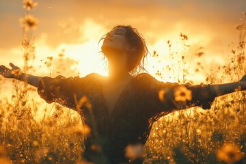 Graceful woman in flowing outfit enjoying sunset in nature with arms outstretched