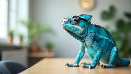 Fototapeta premium Chameleon lizard in glasses on the office table. Empty copyspace