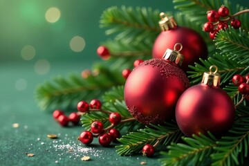 Rote Weihnachtskugeln auf einer gr?nen Tanne mit Blumen, Christmas, ornaments, flowers