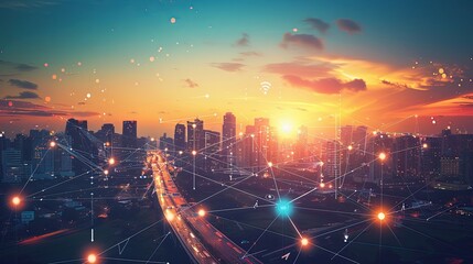 Smart City Network Sunset Skyline Aerial View