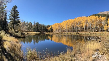 Lake surrounded by golden aspen trees and reflections of autumn foliage

