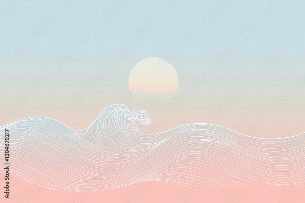 Poster serene ocean waves with a soft sunset glow over the horizon in calm pastel colors. generative ai